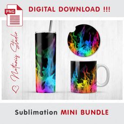 Rainbow Realistic Fire on black Mini BUNDLE - Sublimation designs - 20 oz Tumbler - 11 oz-15 oz Mug - Car Coaster
