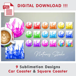 9 Rainbow Fire on white Templates - Car Coaster Design - Sublimation Waterslade Pattern - Digital Download - PNG Files
