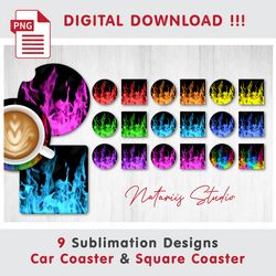 9 Rainbow Fire on black Templates - Car Coaster Design - Sublimation Waterslade Pattern - Digital Download - PNG Files