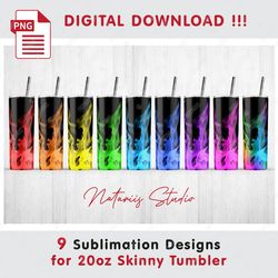 9 Rainbow Fire on black Patterns - Seamless Sublimation designs - 20 oz SKINNY TUMBLER - Full Wrap