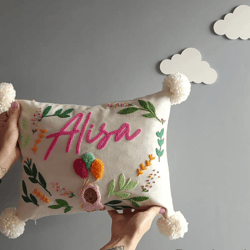 punch embroidery custom pillow case- flower pattern baby name pillow cover- rectangle cushion with pompoms- newborn