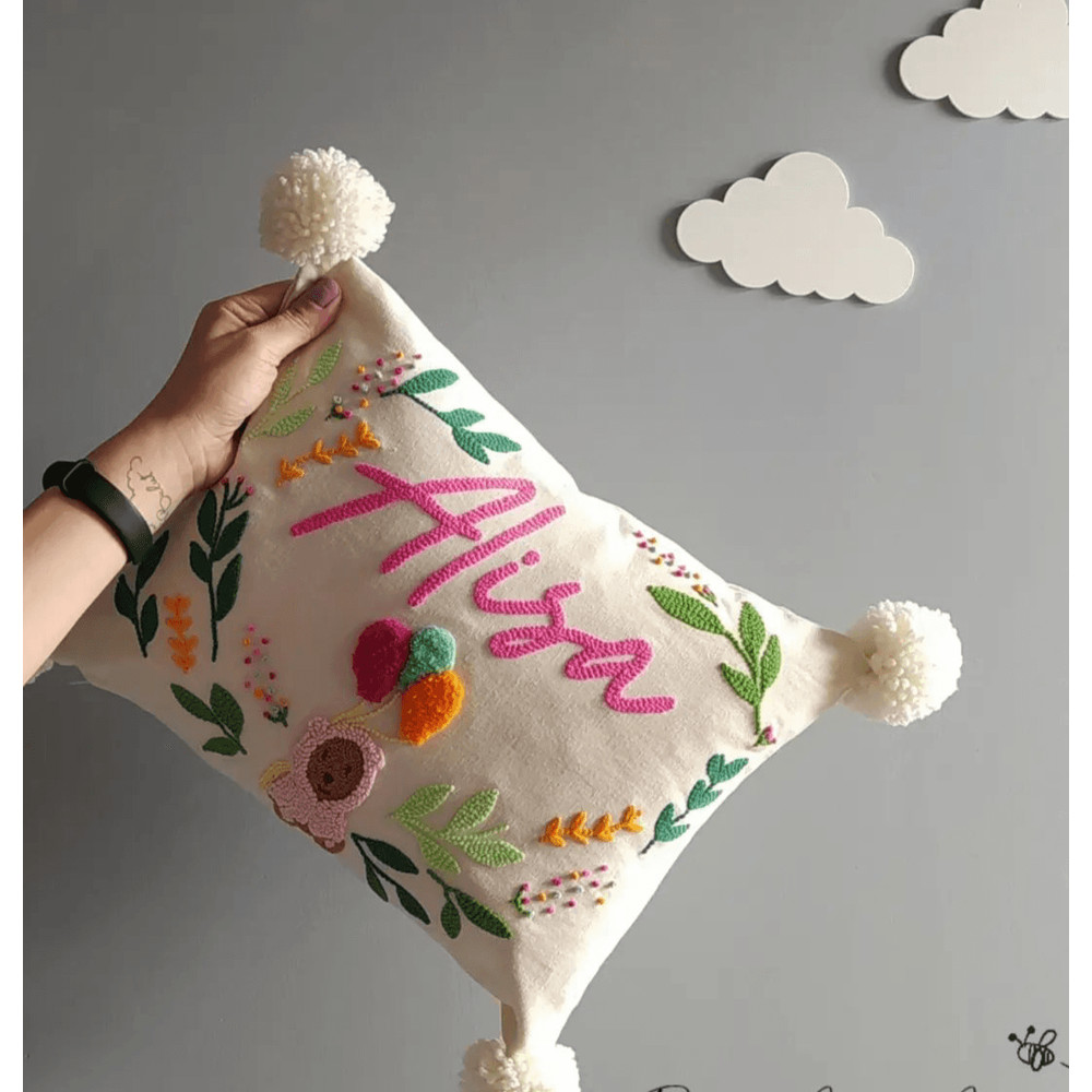 Punch Embroidery Custom Pillow Case Flower Pattern Baby Name Pillow Cover Rectangle Cushion With Po 1