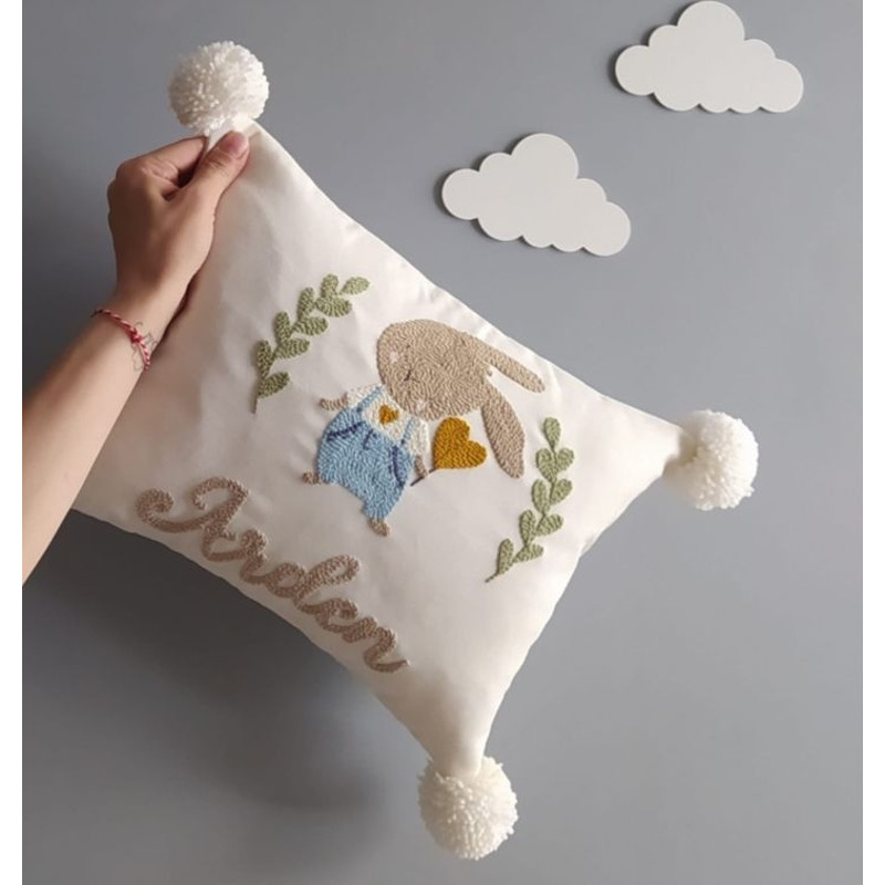Bunny Pillow Case Custom Name Punch Needle Baby Pillows Baby Shower Gift 2