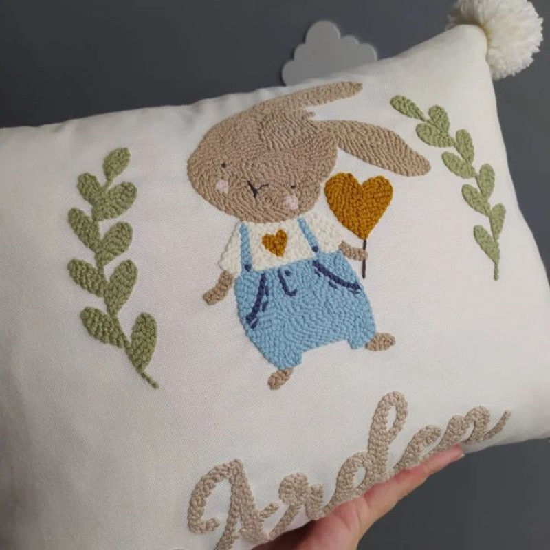 Bunny Pillow Case Custom Name Punch Needle Baby Pillows Baby Shower Gift 3