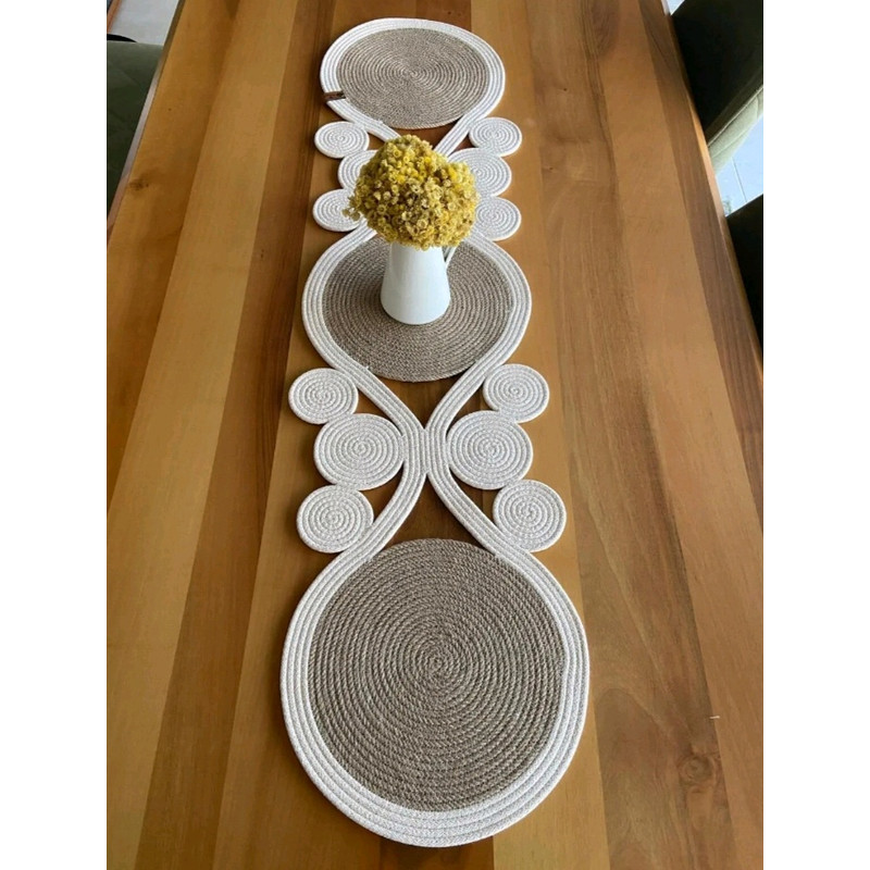 Hand Woven Jute Asymmetric Table Runner  Crochet Straw Coffee Table Cloth Rustic Bohemian Style Din 0