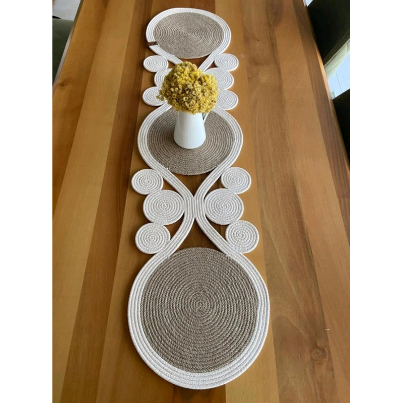 Hand Woven Jute Asymmetric Table Runner  Crochet Straw Coffee Table Cloth Rustic Bohemian Style Din 1