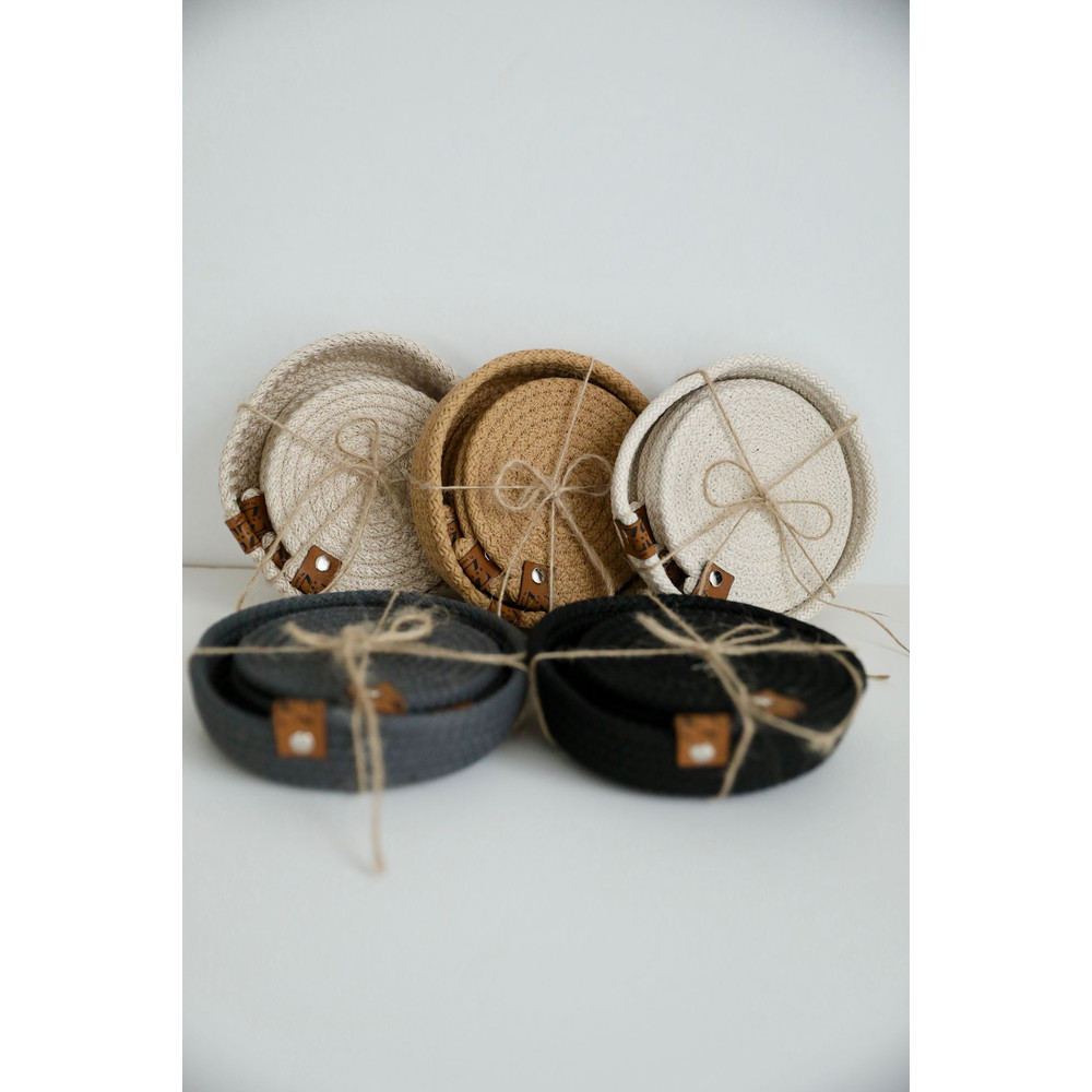 Washable Cotton Coasters With Holder Basket Woven Rope Coaster Colorful Table Coaster Dining Coffe 5