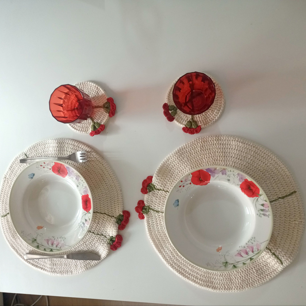 Handmade Set Of 2 Crochet Round Placemats And Coaster Set With Red Flower Details Vintage Table Mat 2
