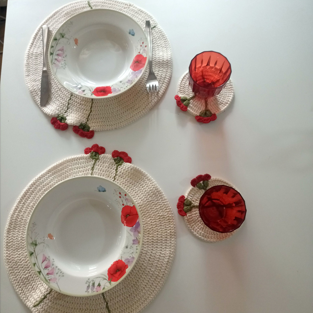 Handmade Set Of 2 Crochet Round Placemats And Coaster Set With Red Flower Details Vintage Table Mat 3