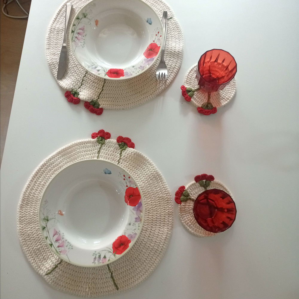 Handmade Set Of 2 Crochet Round Placemats And Coaster Set With Red Flower Details Vintage Table Mat 4