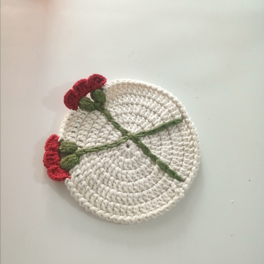 Handmade Set Of 2 Crochet Round Placemats And Coaster Set With Red Flower Details Vintage Table Mat 5