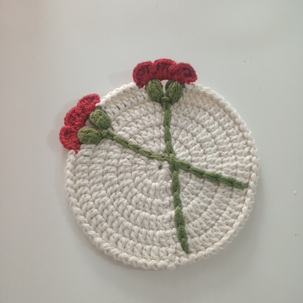 Handmade Set Of 2 Crochet Round Placemats And Coaster Set With Red Flower Details Vintage Table Mat 6