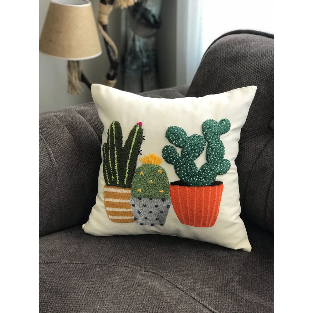 Punch Needle Pillow Cover Cactus Pillow Case Embroider Floral Pillow Cover 18x18 Housewarming Gift 0
