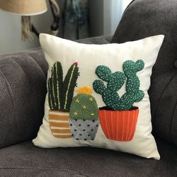 punch needle pillow cover, cactus pillow case, embroider floral pillow cover 18''x18'', housewarming gift
