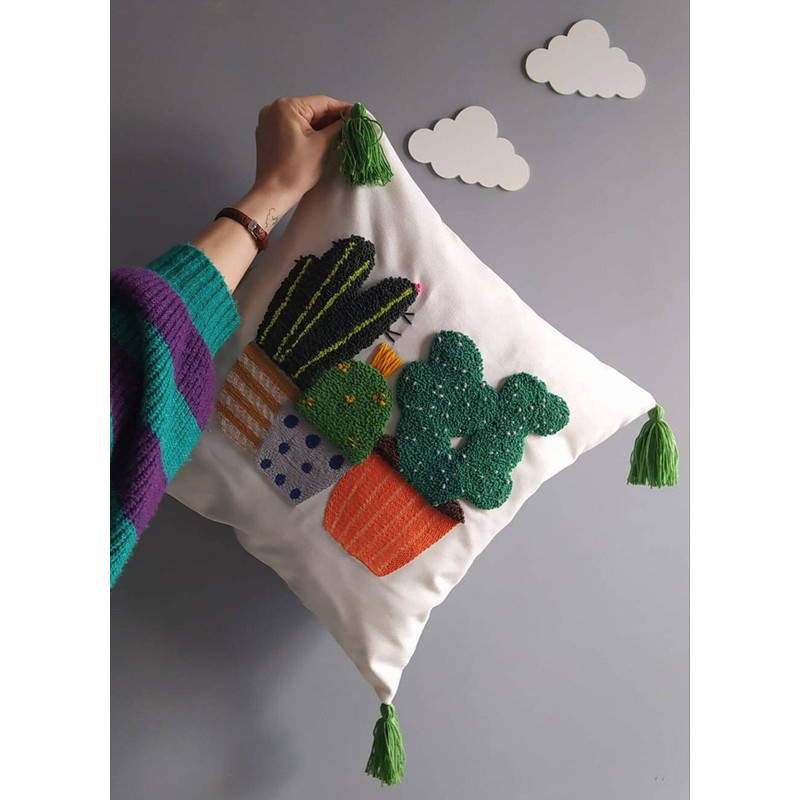Punch Needle Pillow Cover Cactus Pillow Case Embroider Floral Pillow Cover 18x18 Housewarming Gift 2