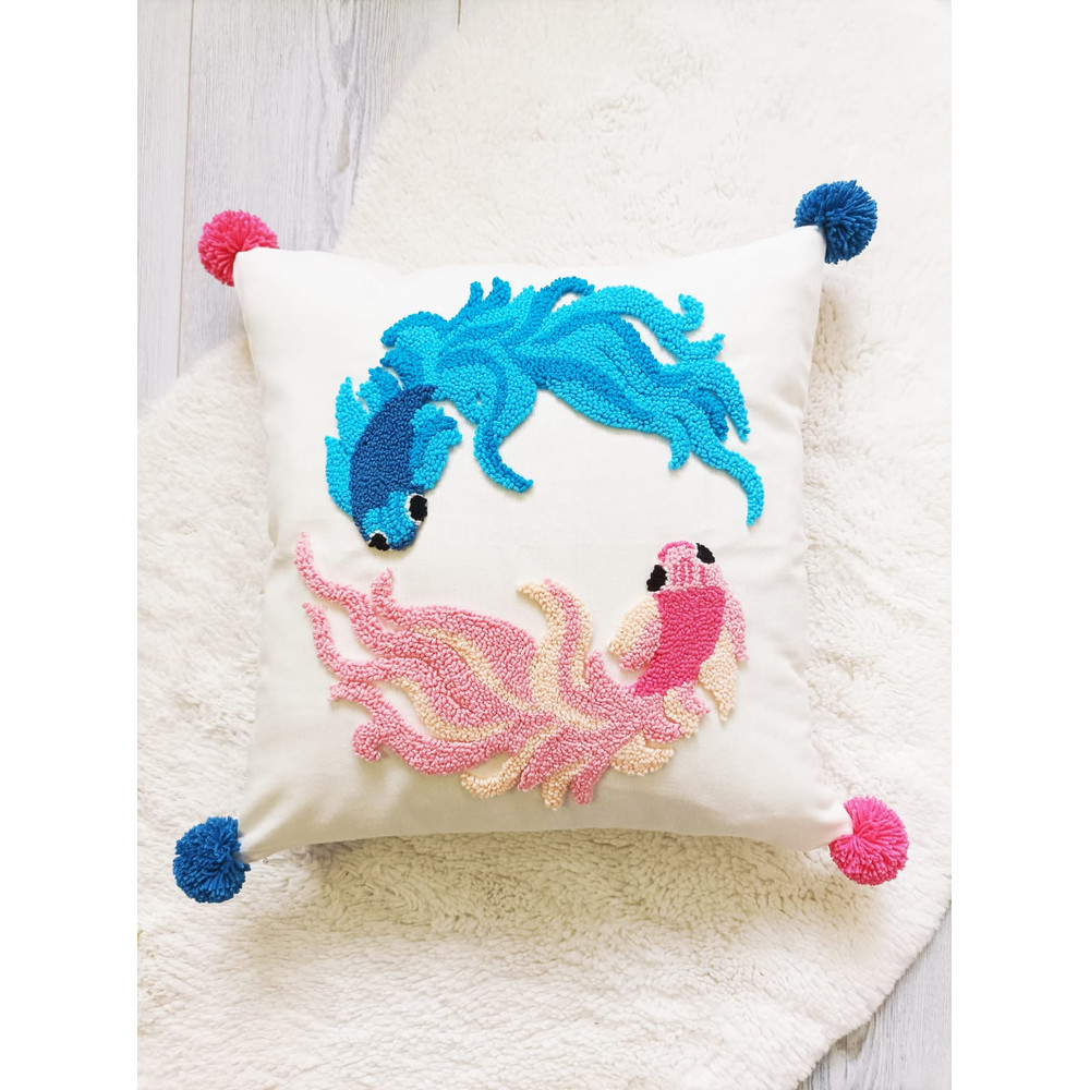 Koi Fish Punch Embroidery Pillow Cover With Pompoms Feng Shui Decorative Square Cushion Case 0