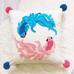 koi fish punch embroidery pillow cover with pompoms - feng shui decorative square cushion case