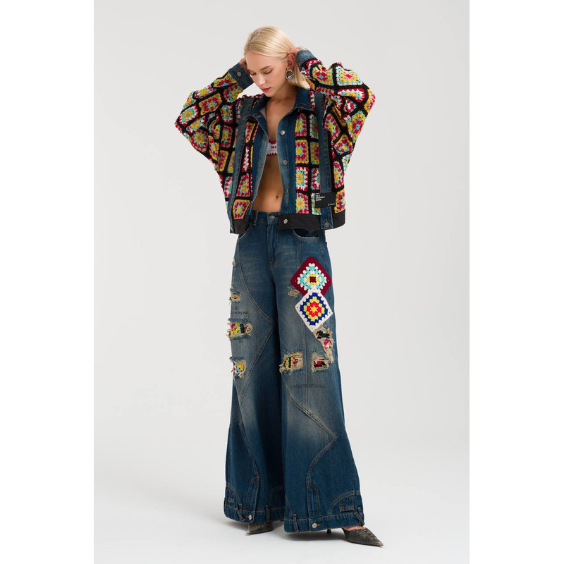 Upcyled Denim Jacket With Crochet Granny Detail Boho Denim 0