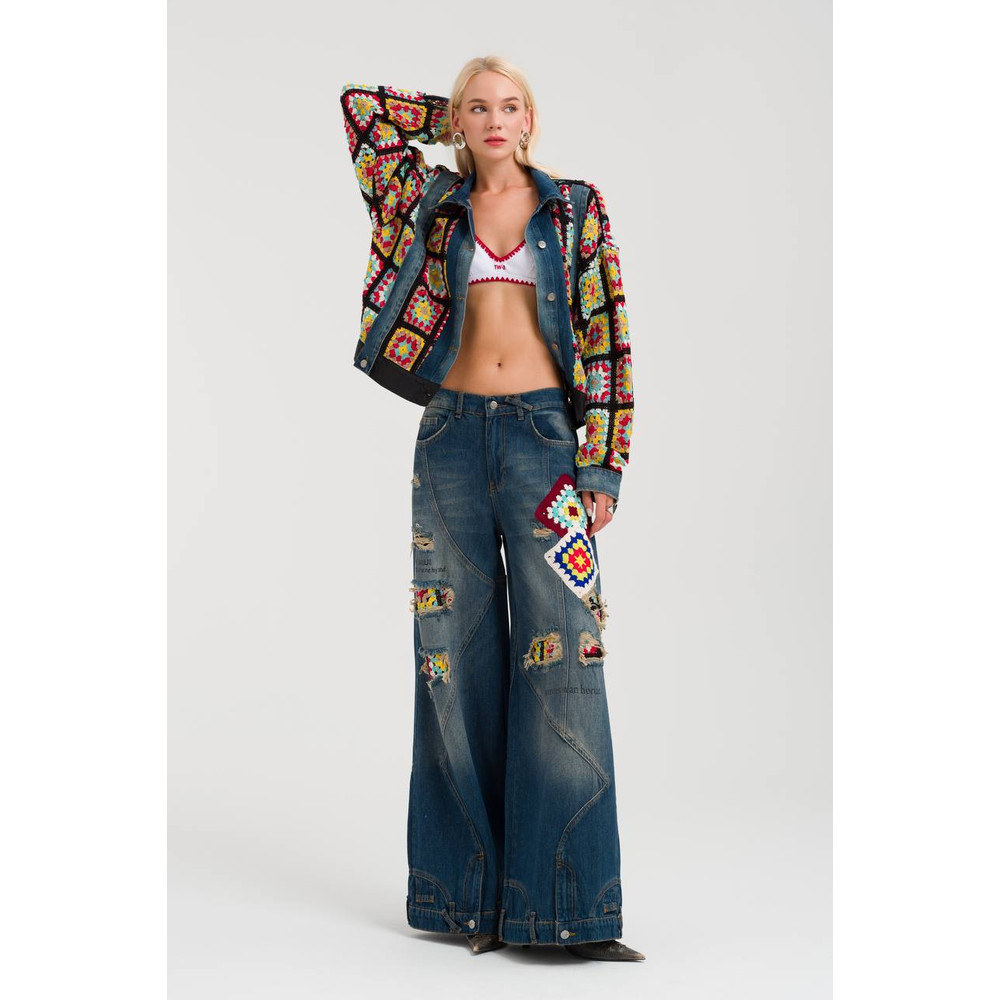 Upcyled Denim Jacket With Crochet Granny Detail Boho Denim 4
