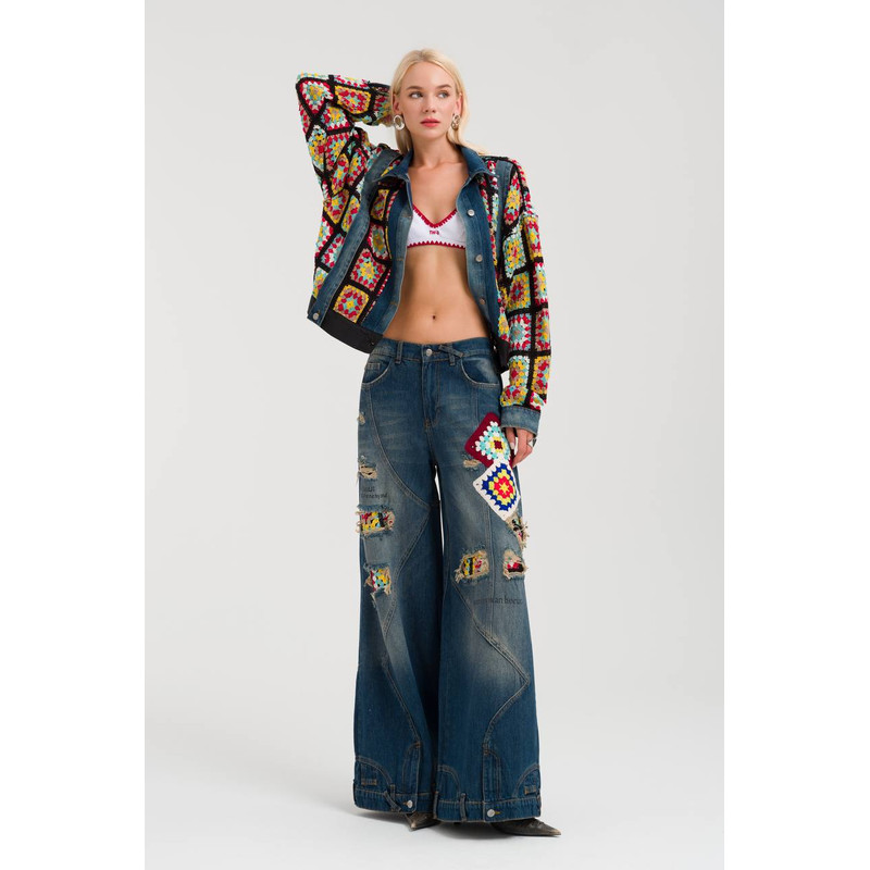 Upcyled Denim Jacket With Crochet Granny Detail Boho Denim 4