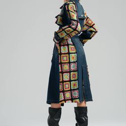 womens denim trenchcoat with crochet details- overcoat with belted and pockets