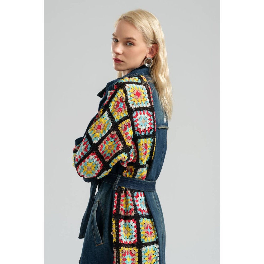 Womens Denim Trenchcoat With Crochet Details Overcoat With Belted And Pockets 1
