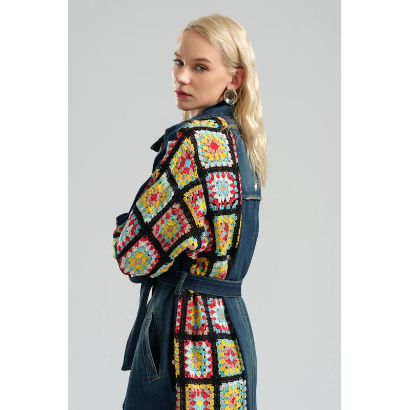 Womens Denim Trenchcoat With Crochet Details Overcoat With Belted And Pockets 1