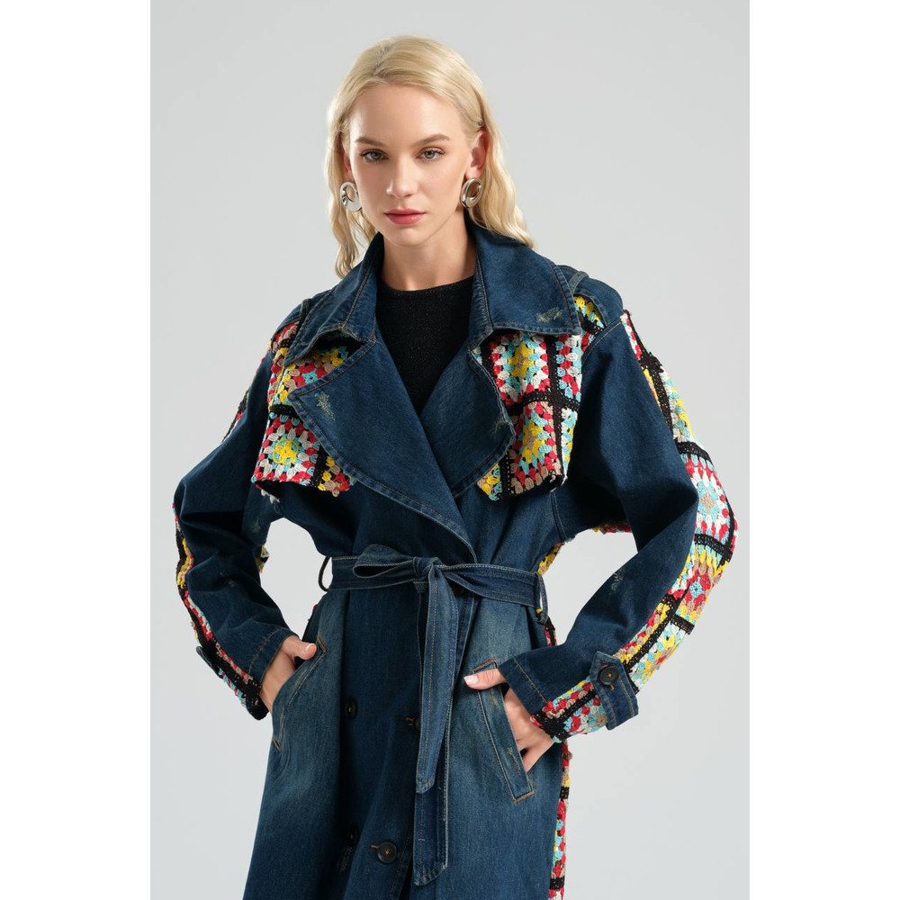 Womens Denim Trenchcoat With Crochet Details Overcoat With Belted And Pockets 2