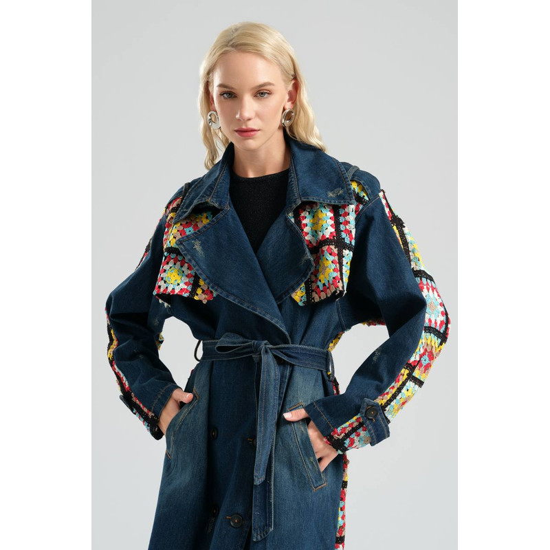 Womens Denim Trenchcoat With Crochet Details Overcoat With Belted And Pockets 2