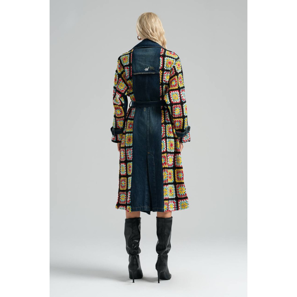 Womens Denim Trenchcoat With Crochet Details Overcoat With Belted And Pockets 3