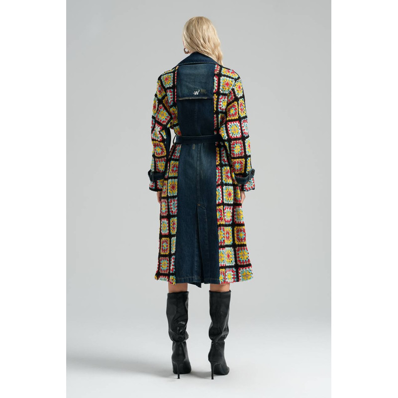 Womens Denim Trenchcoat With Crochet Details Overcoat With Belted And Pockets 3