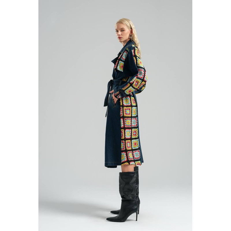 Womens Denim Trenchcoat With Crochet Details Overcoat With Belted And Pockets 4