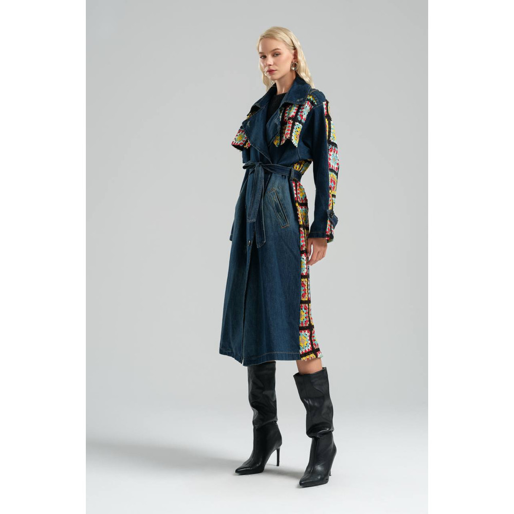 Womens Denim Trenchcoat With Crochet Details Overcoat With Belted And Pockets 5