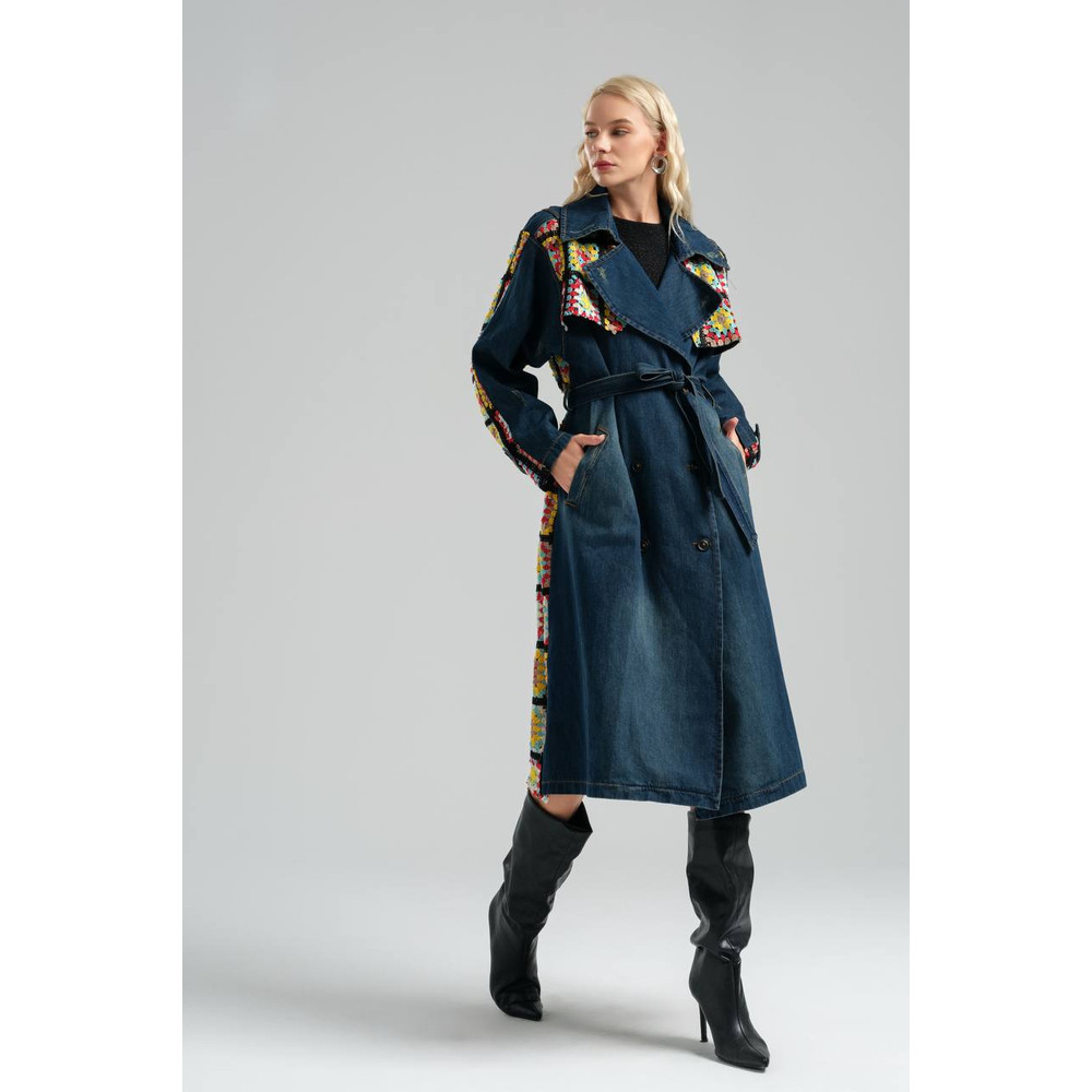 Womens Denim Trenchcoat With Crochet Details Overcoat With Belted And Pockets 6
