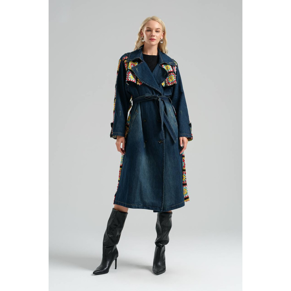 Womens Denim Trenchcoat With Crochet Details Overcoat With Belted And Pockets 8