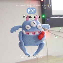Digital download - PDF of a stuffed monster 4 toy sewing pattern. DIY tutorial for making the toy.