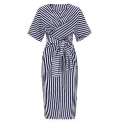 New Dresses Women Summer Blue Striped Belt Long Skirt Women Cotton Blue Striped Split Long Dress