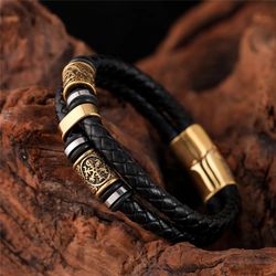 Punk Men Vikings Style Genuine Leather Bracelet Braided Multilayer Stainless Steel Norse Runes Bead Bangles Couple Jewel