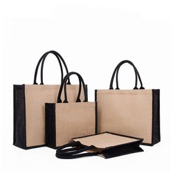 Women Foldable Jute Burlap Tote Bag DIY Blank Grocery Handbag Large Capacity Travel Storage Organizer with Handles