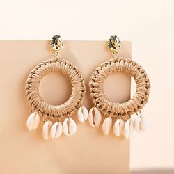 Boho Big Shell Rattan Handmade Earrings Natural Seashell Statement Drop Earrings Women Summer Holiday Beach Jewelry Gift