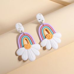 Handmade Rainbow Daisy Flower Polymer Clay Drop Earrings for Women Unusual Petal Floral Pendientes Earrings Jewelry