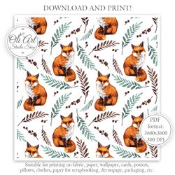 Cute Fox. Leaves. Seamless Pattern for Graphic Design, Digital Download, Scrapbooking and Crafting Projects