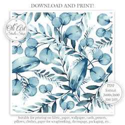 Blue Leaves. Winter Leaves. Seamless Pattern for Graphic Design, Digital Download, Scrapbooking and Crafting Projects