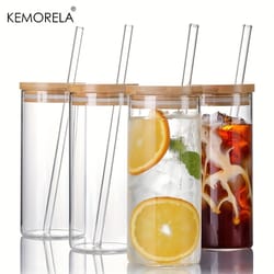 drinking glasses with bamboo lids and straws, borosilicate glass tumbler cups, tall clear iced coffee cups