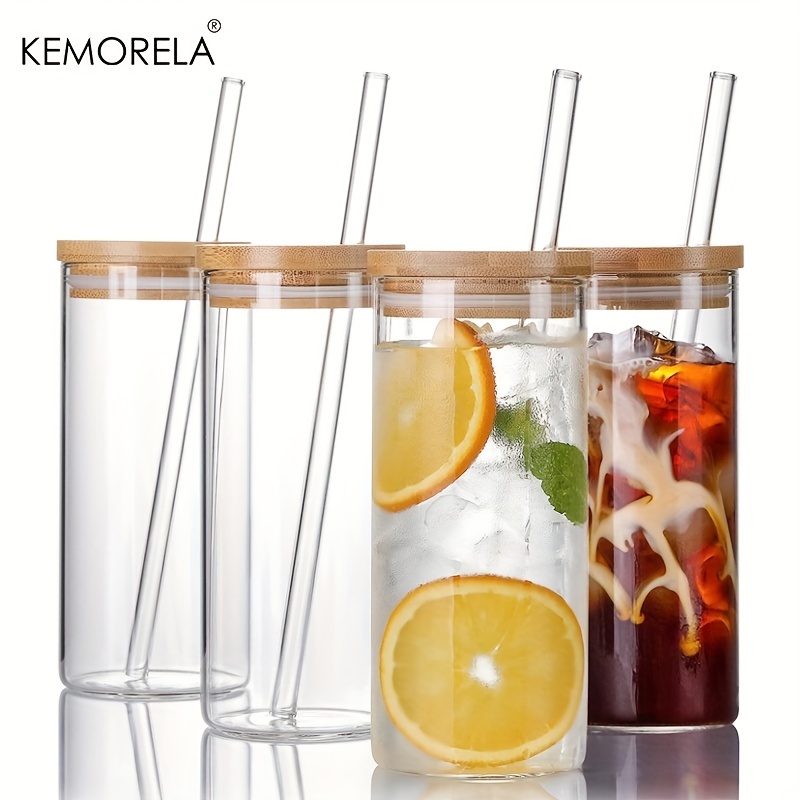 Drinking Glasses with Bamboo Lids and Straws, Borosilicate Glass Tumbler Cups, Tall Clear Iced Coffee Cups
