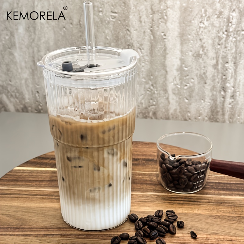 Ribbed Glass Tumblers With Lids And Straw Large Capacity Coffee Cup For Iced Americano Juice Coke B 0