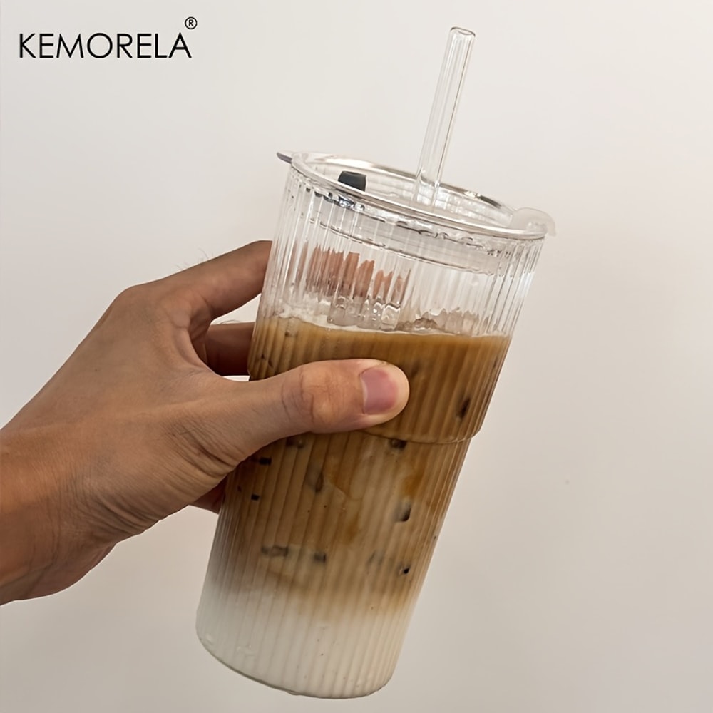 Ribbed Glass Tumblers With Lids And Straw Large Capacity Coffee Cup For Iced Americano Juice Coke B 4
