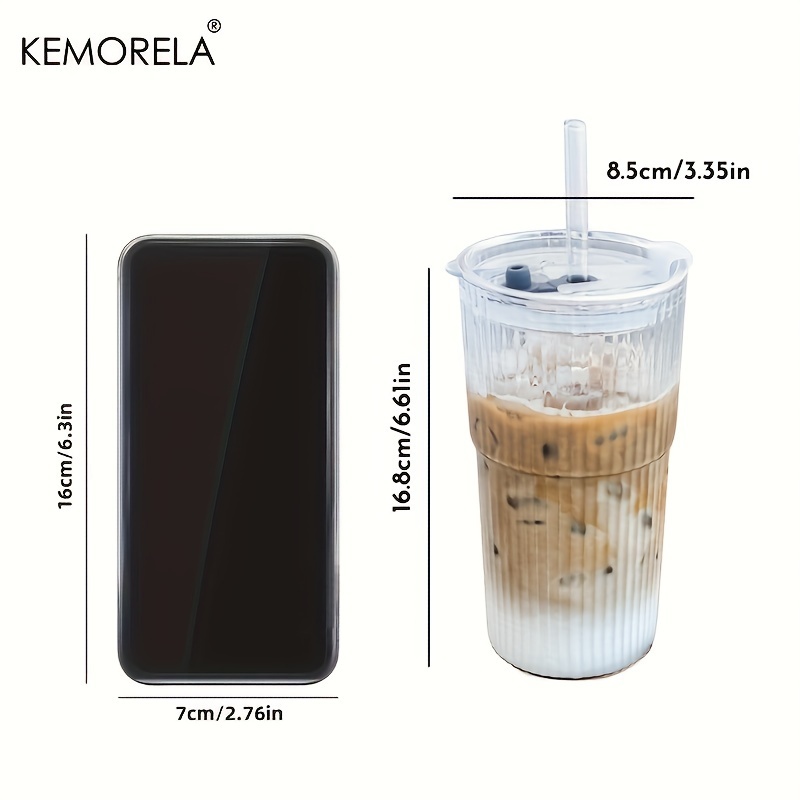 Ribbed Glass Tumblers With Lids And Straw Large Capacity Coffee Cup For Iced Americano Juice Coke B 5