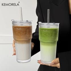 floral glass coffee cup with lid and straw, transparent tumblers for juice and coffee, drinkware mugs for daily use