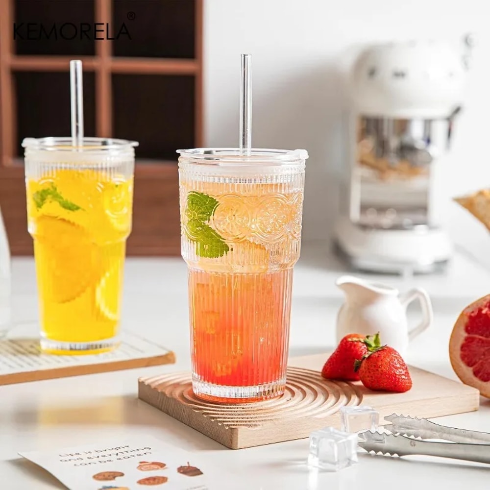 Floral Glass Coffee Cup With Lid And Straw Transparent Tumblers For Juice And Coffee Drinkware Mugs 1